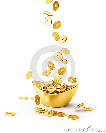 Gold Coins Dropping on Gold Sycee - Yuanbao Stock Photo