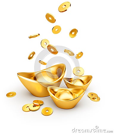 Gold Coins Dropping on Gold Sycee - Yuanbao Stock Photo