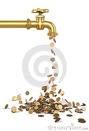Gold coins fall out of the golden tap. Stock Photo