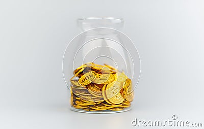 coins in glass bottles, gold savings, gold market, gold stocks, high value gold coins, gold market, luxury Stock Photo