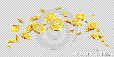 Gold coins or golden money coin splash splatter on vector transparent background Vector Illustration