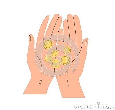 Gold coins in hands icon. Palms holding cash money, finance. Charity, financial help and philanthropy concept. Human Vector Illustration