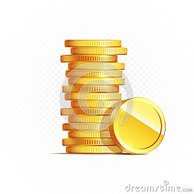 Gold coins isolated on transparent in different positions Vector Illustration