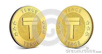 Gold coins with Kazakhstani tenge sign isolated on a white background. 3d illustration. 3d rendering. Cartoon Illustration