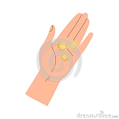 Gold coins in palm. Hand holding cash money, finance. Financial help, savings and cashback concept. Contribution and Vector Illustration