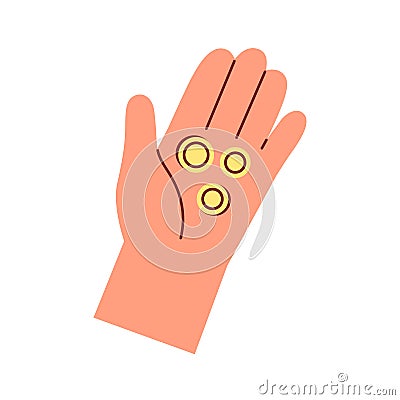 Gold coins in palm. Hands holding cash change for charity and help. Alms, mercy and financial support, aid concept Vector Illustration