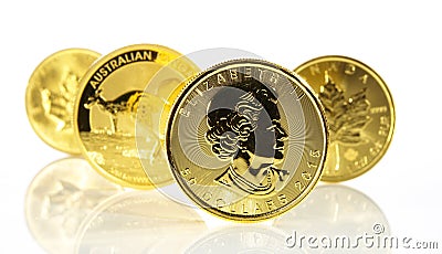 Gold Coins Panorama isolated on white Background Editorial Stock Photo