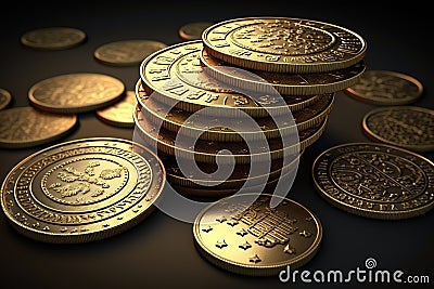 Gold coins piled and stacked to signify prosperity and riches, Generative AI. Stock Photo