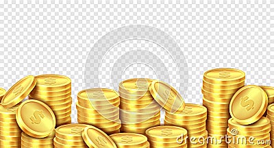 Gold coins stack. Realistic golden coin money pile, stacked dollar lots pile cash bonus profits casino market income Vector Illustration