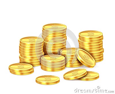 Gold coins stack. Realistic golden dollar coin money pile, stacked cash. Casino bonus, profits and income vector Vector Illustration