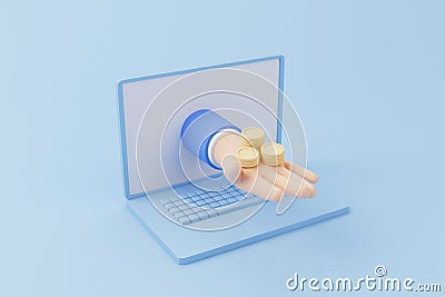 Gold coins stacking on hand and computer laptop on blue background Cartoon Illustration