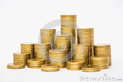 Gold coins stacks isolated on white background Stock Photo