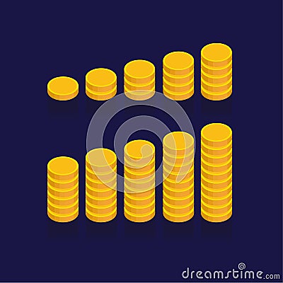 Gold coins vector icons, golden coins stacks and heaps. on blue Vector Illustration