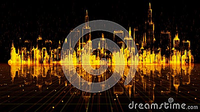 Gold color digital city, digital cyberspace with particles, Technology data network connections concept Stock Photo