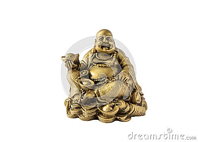 Gold color Feng Shui sitting laughing Buddha with gold coins. Wealth, prosperity, luck charm. Buddha figurine isolated. Stock Photo