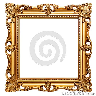 Gold color frame isolated on transparent background. Mockup of a classic gold carved frame on a white background. A Stock Photo