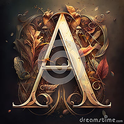 Gold color letter A monogram. Nice wrought iron letter, entwined by floral pattern. Metallic, brown, gold symbol. AI Stock Photo