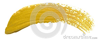 Gold color paint brush banner. Acrylic golden smear stroke stain on white background. Shine abstract detailed gold glittering text Stock Photo