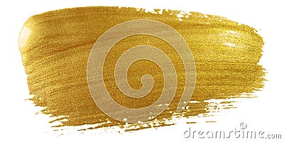 Gold color paint brush stroke. Big golden smear stain background on white backdrop. Abstract detailed gold glittering textured wet Stock Photo