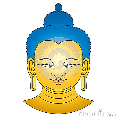 Gold colored Buddha head with blue hairs Cartoon Illustration