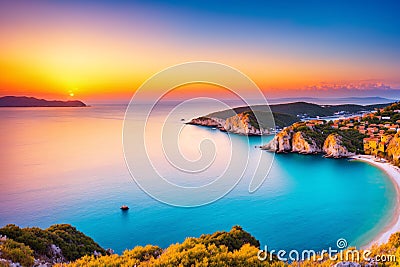 a gold colored sunset on the Adriatic sea coastline. Stock Photo