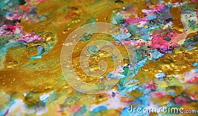 Gold colorful sparkling waxy vivid pastel spots watercolor blurred waxy gold spots colorful hues, strokes of brush, backgrounnd Stock Photo