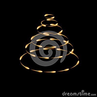 Gold cone made by fireflies, modern christmas tree icon, dark background Vector Illustration