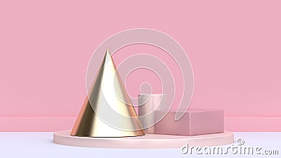 Gold cone pink cylinder and square white floor pink wall abstract geometric shape form minimal pink background scene 3d render Stock Photo