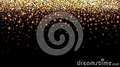 Gold confetti on black background, gold, glitter, shooting stars, holiday, Christmas, night, shining stars, circles particles, Cartoon Illustration