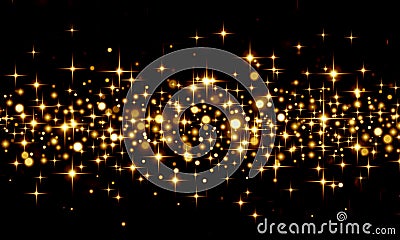 Gold confetti on black background, holiday, Christmas, party, gold, circles, stars, bokeh, glitter, star Shine, lights Cartoon Illustration