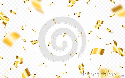 Gold confetti. Bright falling tinsel. Holiday poster concept. Yellow shining particles. Anniversary or birthday design Vector Illustration