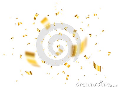 Gold confetti burst isolated on white background. Defocused confetti pieces and particles. Realistic anniversary concept Vector Illustration