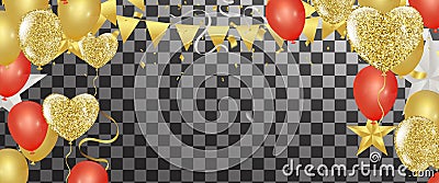 Gold confetti celebration party banner with Gold balloons background anniversary graduation retirement holiday Vector Illustration