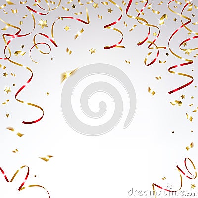 Gold Confetti and Festive red Ribbons Vector Illustration