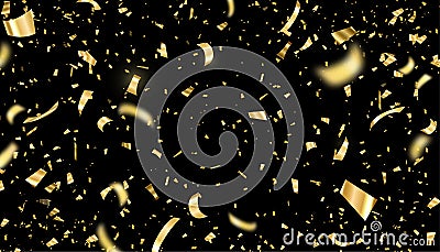 Gold confetti vector illustration. Falling bright golden festive tinsel on black background. Holiday, festival Vector Illustration