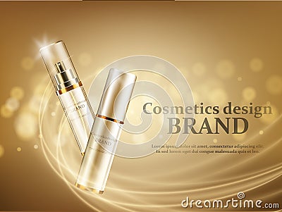 Gold cosmetic bottles mockup on a gold backgroun Vector Illustration