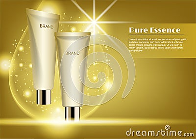 Gold cosmetic tube with gold water drop and lens flare light eff Vector Illustration