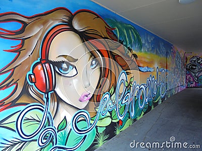 Gold Cost Queensland Australia November 22 2017 graffiti mural wall young girl listening music Editorial Stock Photo