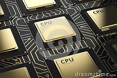 Gold cpu chips in a row Stock Photo