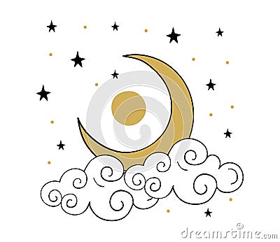 Gold crescent moon with cloud icon. Simple heavenly line drawing, boho tattoo, symbol for astrology, tarot. Night starry Vector Illustration