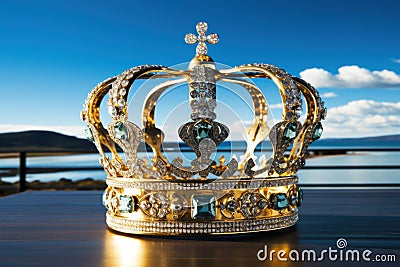 a gold crown with diamonds and blue gems Stock Photo