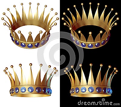 Gold crown in different angles encrusted with sapphires. Isolated on a white and black background. Stock Photo