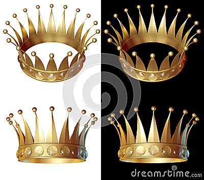 Gold crown in different angles encrusted with diamonds. Isolated on a white and black background. Stock Photo