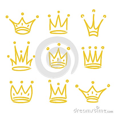 Gold crown icon set hand drawn style Vector Illustration