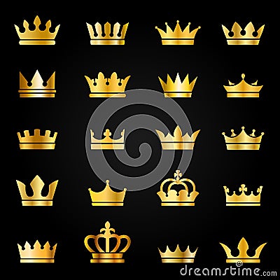 Gold crown icons. Queen king crowns luxury royal on blackboard, crowning tiara heraldic winner award jewel vector set Vector Illustration