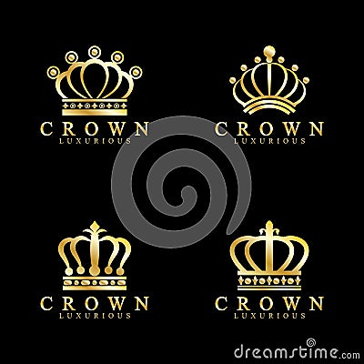 Gold crown icons. Queen king golden crowns luxury Logo Design Vector on black background Vector Illustration