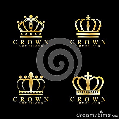 Gold crown icons. Queen king golden crowns luxury Logo Design Vector on black background Vector Illustration