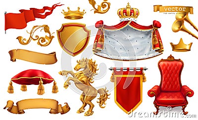 Gold crown of the king. Royal chair, mantle and pillow. Vector icon set Vector Illustration