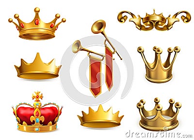 Gold crown of the king. Vector icon set Vector Illustration