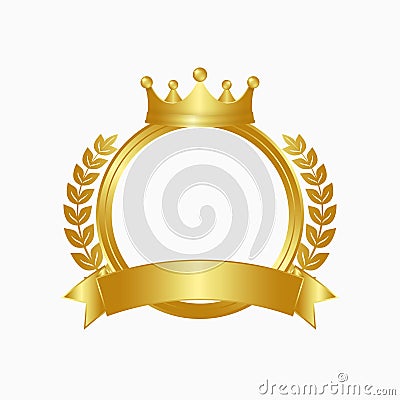 Gold crown, laurel wreath and circle frame. Winner sign with golden ribbon. Vector. Vector Illustration
